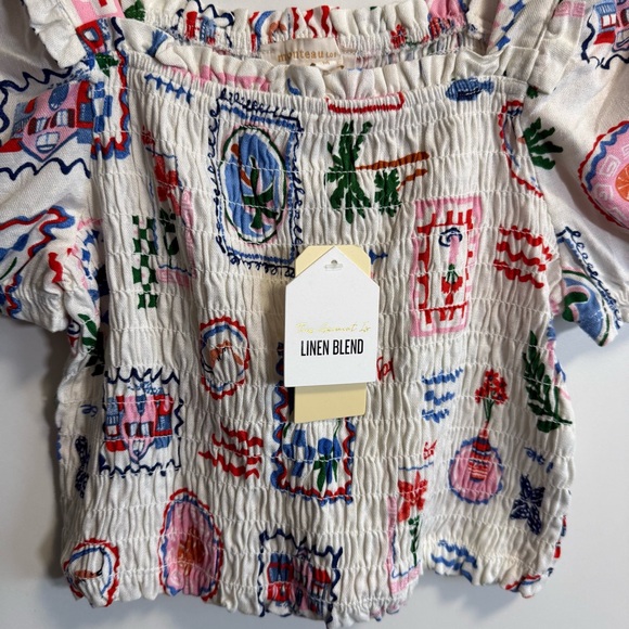 NEW MONTEAU Los Angeles Tropical Linen Blend Smocked Top Sqaure Neck Medium - Picture 2 of 6